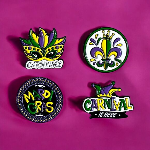 Mardi Gras Carnival Enamel Pin Set (4-Pack) – Versatile Seasonal Wear with Fl... - Picture 1 of 6